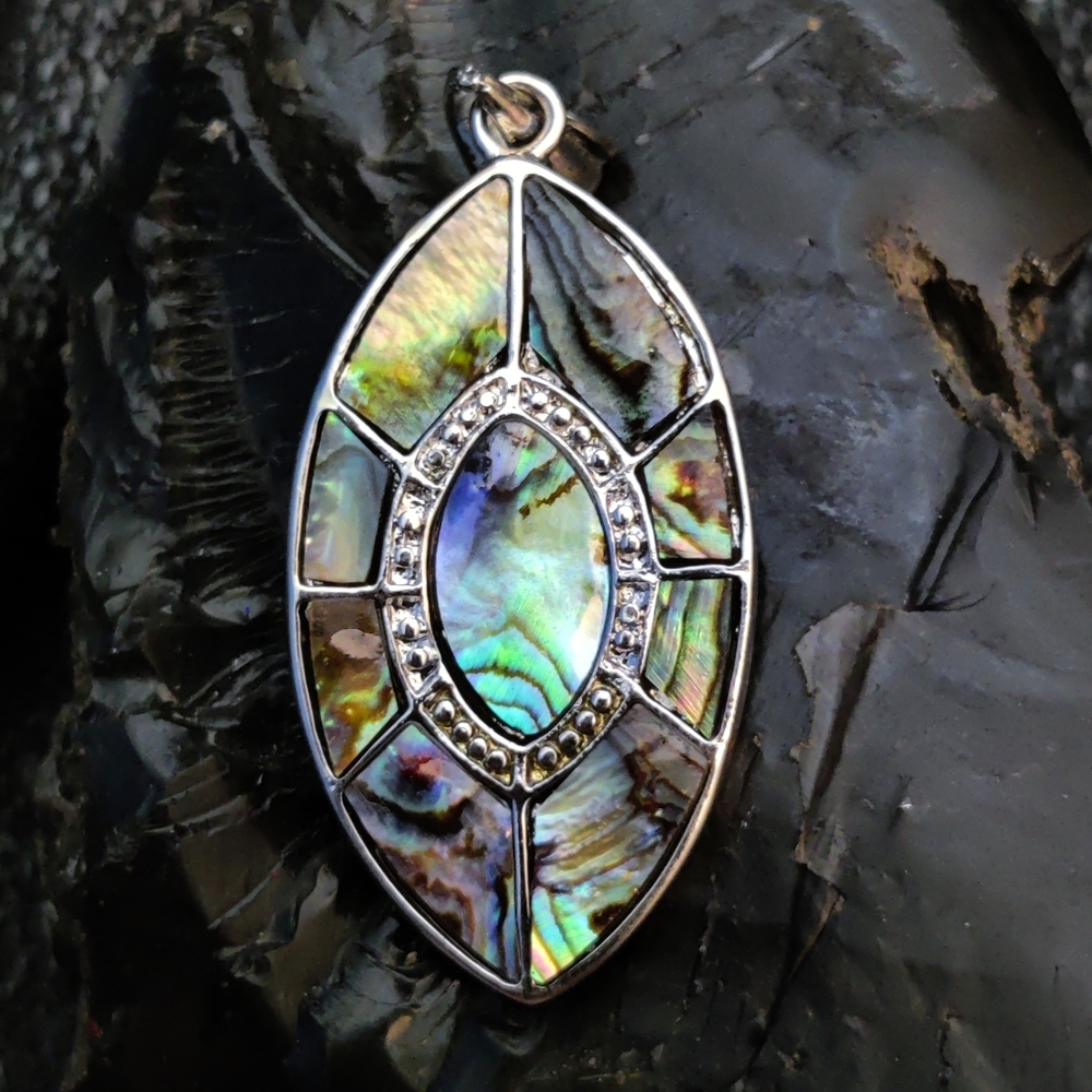 Abalone Shell Gemstone Silver Pendant Necklace #0… - image 1